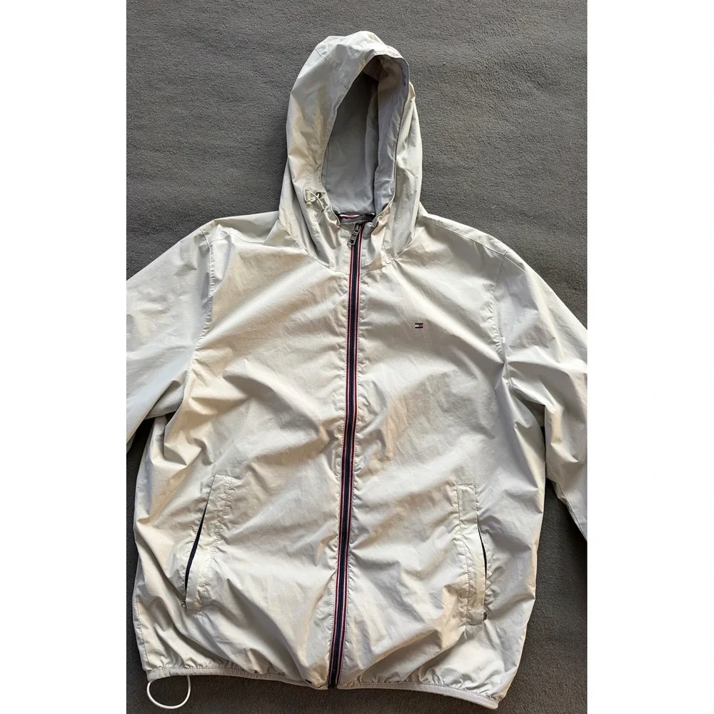 Tommy Hilfiger Mens Windbreaker Jacket Beige Water Resistant Hooded Sz L